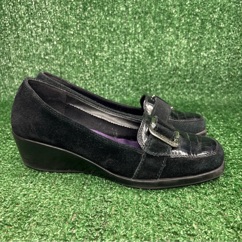 A2 by Aerosoles Womens 6.5 M Black Leather Wedge Loafers‎